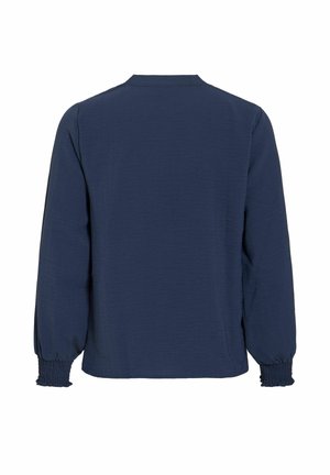 Marineblaue, langärmlige Bluse mit gerafften Bündchen und geradem Saum, von hinten auf weißem Hintergrund gezeigt.