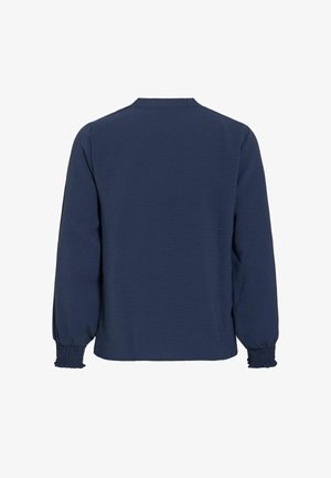 Marineblaue, langärmlige Bluse mit gerafften Bündchen und geradem Saum, von hinten auf weißem Hintergrund gezeigt.