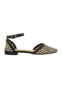 Chaussures plates tissées noires et crème avec un bout pointu, un talon découvert et une bride de cheville ajustable. Elles présentent un motif texturé et un petit talon carré.