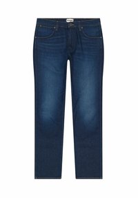 Jeans de mezclilla azul oscuro con diseño de cinco bolsillos, pierna recta y costuras amarillas en contraste. Presentan un cierre de botón y etiqueta en la cinturilla.