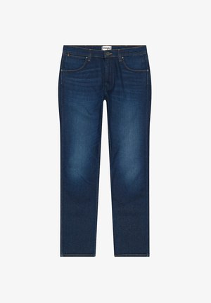 Donkerblauwe denim jeans met vijf zakken, rechte pijpen en contrasterende gele stiksels. Voorzien van een knoopsluiting en een label op de tailleband.