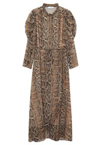 Robe à manches longues avec imprimé serpent marron et beige, devant boutonné, épaules bouffantes et ceinture nouée à la taille, suspendue à plat.