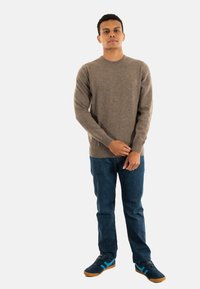 Bruine trui, ronde hals, gedragen over blauwe jeans en zwarte schoenen met blauwe accenten. Gladde textuur, slim fit ontwerp en casual stijl.