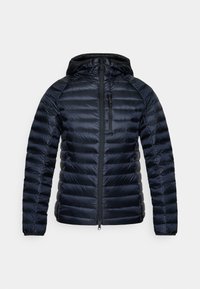Marine pufferjack met een capuchon, voorzien van een horizontaal gestikte desig, volledige ritssluiting aan de voorkant en elastische manchetten voor een snug fit.