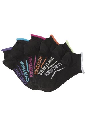 Set of six pairs of black socks featuring colorful cuffs. Each sock has "VENICE BEACH" printed in white, with varying cuff colors: purple, blue, pink, orange, green, and gray.
