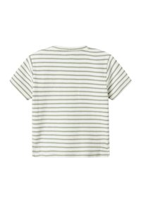 Cotton short-sleeve t-shirt with horizontal light green and white stripes, featuring a crew neckline and a relaxed fit.