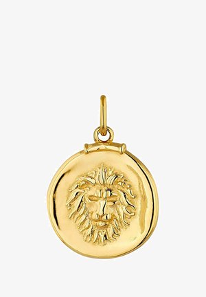 Colgante de cabeza de león en tono dorado, forma circular, superficie texturizada con melena detallada, que cuenta con un lazo seguro para su sujeción a joyas.