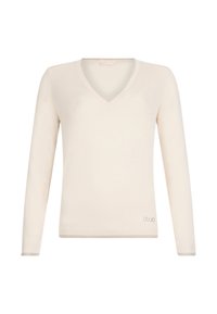 Maglione a maniche lunghe color beige chiaro con scollo a V, realizzato in materiale morbido, con polsini a coste e un piccolo logo del marchio sul fondo a sinistra.