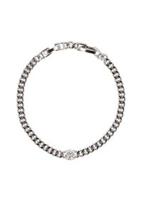 Ezüst színű fém lánc karkötő váltakozó lapos és kerek szemekkel, középen egy átlátszó kő díszítéssel. Simább textúrával és fényes felülettel rendelkezik.