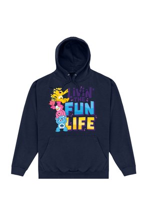 Granatowy hoodie z grafiką przedstawiającą kolorowe, kreskówkowe niedźwiedzie oraz tekst "Livin' the Fun Life" w wyrazistych, zabawnych czcionkach.