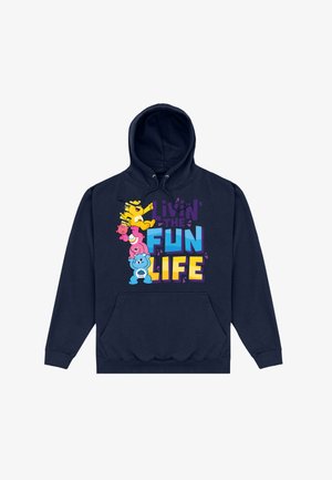 Navyblauwe hoodie met een grafisch ontwerp van kleurrijke cartoonberen en de tekst "Livin' the Fun Life" in vette, speelse lettertypen.