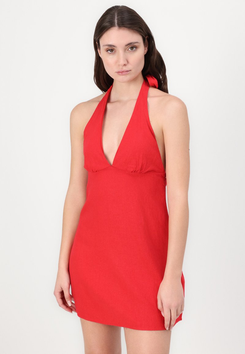 slim fit dress slacks Heart-Detail Halterneck A-Line Mini Dress in Red