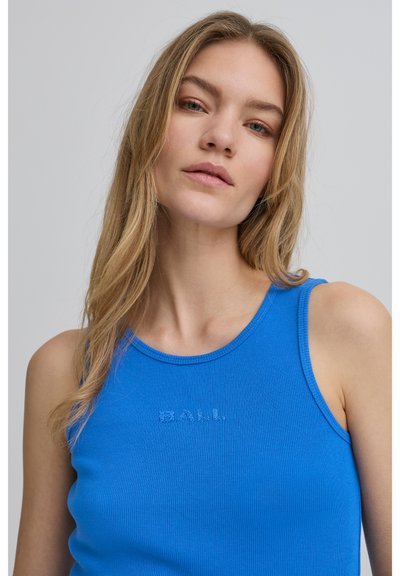 Ribbed blue tank top with a rounded neck. Features embroidered text "BALL" in the center. Made from a lightweight fabric with a smooth texture.