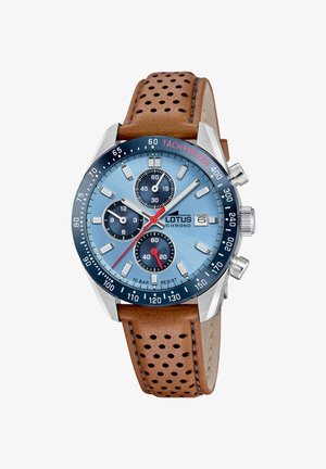 Chronograph watch with a navy blue dial, silver accents, and a brown perforated leather strap. Features three subdials and tachymeter scale.