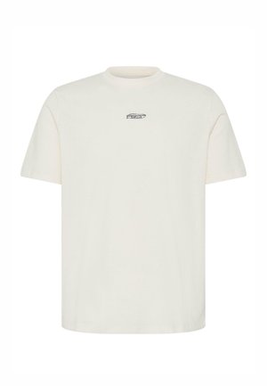 Lihtne helevalge lühikeste varrukatega T-särk, mille keskel rinnatsoonil on väike ovaalne logo sõnaga "POLIS".