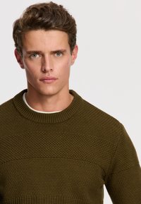 Junger Mann mit kurzen lockigen Haaren, der einen olivgrünen strukturierten Strickpullover trägt, auf einem weißen Hintergrund nach vorne blickend mit neutralem Gesichtsausdruck.