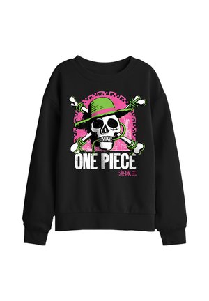 Black sweatshirt with skull and crossbones wearing a green hat, pink background, and white text reading "ONE PIECE" with small red characters below.