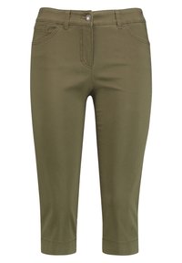Pantaloni cropped verde oliva con chiusura frontale a bottone e zip, passanti per cintura e tasche anteriori.
