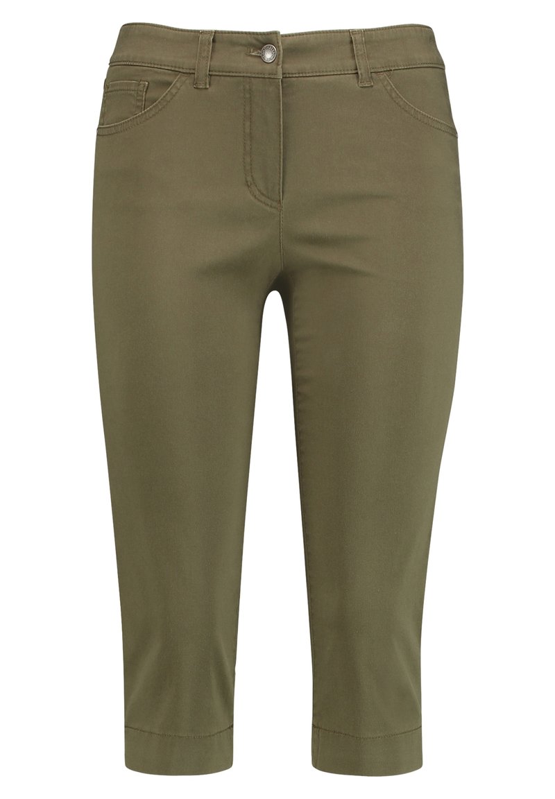 Pantaloni cropped verde oliva con chiusura frontale a bottone e zip, passanti per cintura e tasche anteriori.