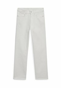 Jeans dritti grigi chiari in cotone con cinque tasche. Presentano una chiusura frontale con bottone e cerniera, e dettagli di cucitura sottili.