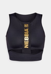 Crni sportski grudnjak s prilagodljivim dizajnom. Sadrži zlatni logo i tekst na središnjoj traci. Izrađen od glatkog, rastezljivog materijala.
