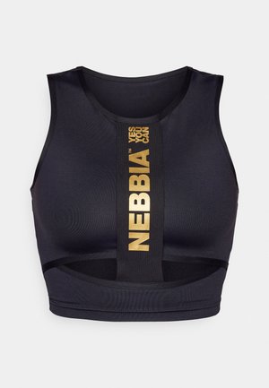 Soutien-gorge de sport noir au design ajusté. Présente un logo doré et un texte sur une bande centrale. Confectionné dans un tissu lisse et extensible.