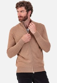 Tan zip-up sweater made of soft knit fabric, featuring a ribbed collar and cuffs, with a zipper detail at the front and a relaxed fit.