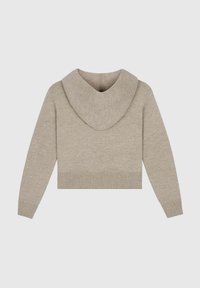 Pull court beige avec une grande capuche, un ourlet côtelé et des manches embellies de petites décorations. Texture en tricot douce.