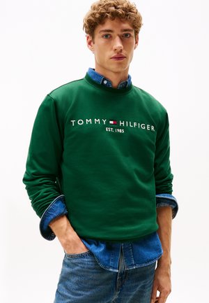 Giovane uomo con capelli ricci che indossa una felpa verde Tommy Hilfiger sopra una camicia di jeans blu e jeans, in piedi con una mano in tasca.