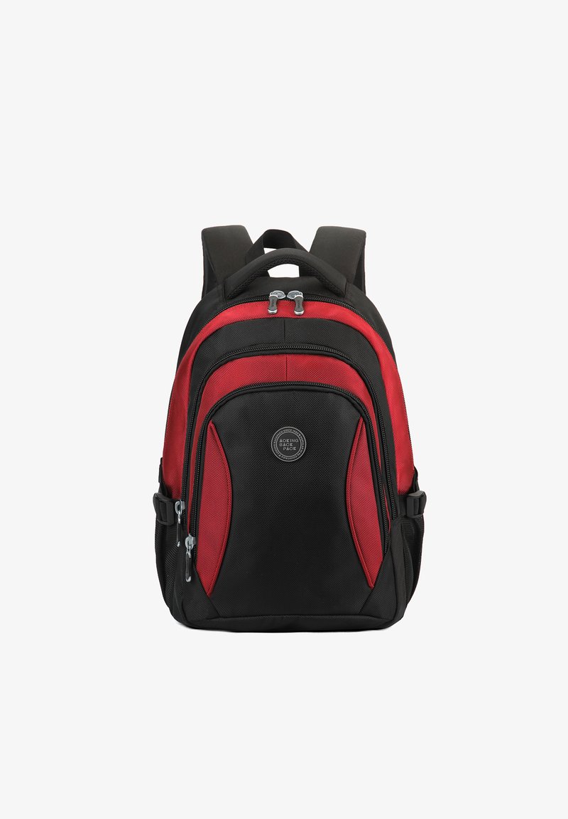 Zaino nero e rosso realizzato in tessuto resistente, con un design arrotondato, compartimenti con cerniera e spallacci imbottiti.