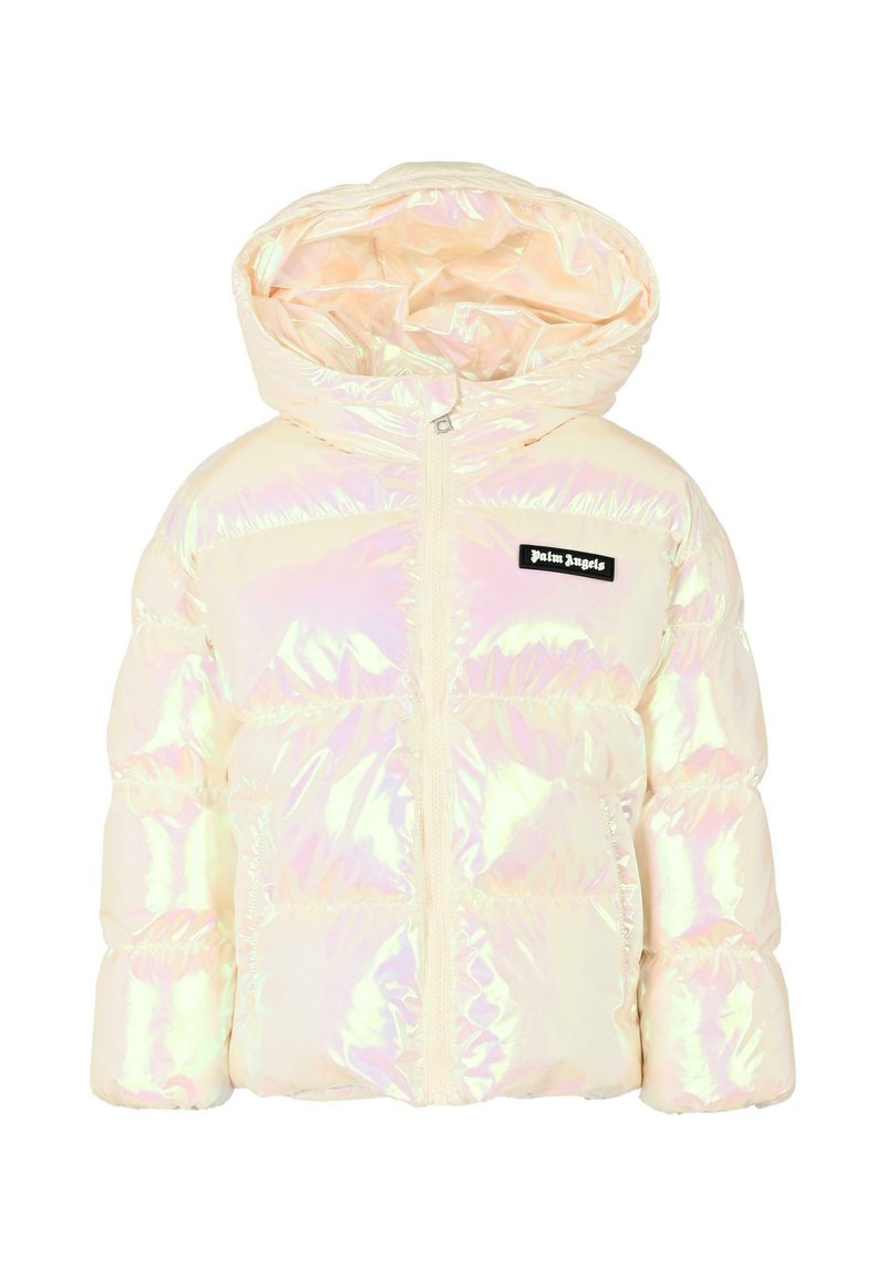 Bolvormige, iriserende pufferjack met een capuchon, voorzien van een voorzipe, gepoofde mouwen en een zwart logopatch op de linkerborst.