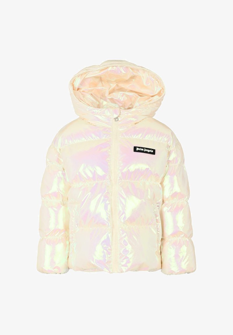 Bolvormige, iriserende pufferjack met een capuchon, voorzien van een voorzipe, gepoofde mouwen en een zwart logopatch op de linkerborst.