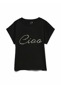 T-shirt noir à manches courtes avec col rond, décoré du mot "Ciao" écrit en perles imitant des perles sur la poitrine.