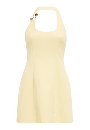 Αμάνικο ανοιχτό κίτρινο φόρεμα με τιράντα, τετράγωνο ντεκολτέ και διακοσμητικές κεχριμπαρένιες χάντρες στο λουρί.