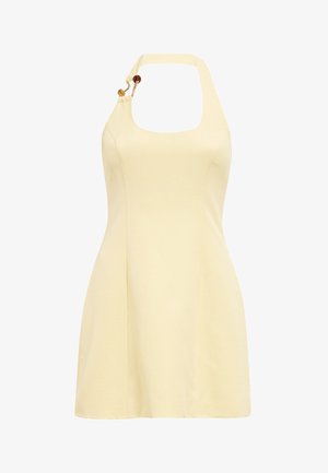 Αμάνικο ανοιχτό κίτρινο φόρεμα με τιράντα, τετράγωνο ντεκολτέ και διακοσμητικές κεχριμπαρένιες χάντρες στο λουρί.