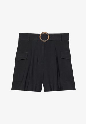 Pantaloni corti neri a vita alta, dotati di una cintura con una fibbia circolare in legno, con una parte anteriore plissée e due tasche laterali.