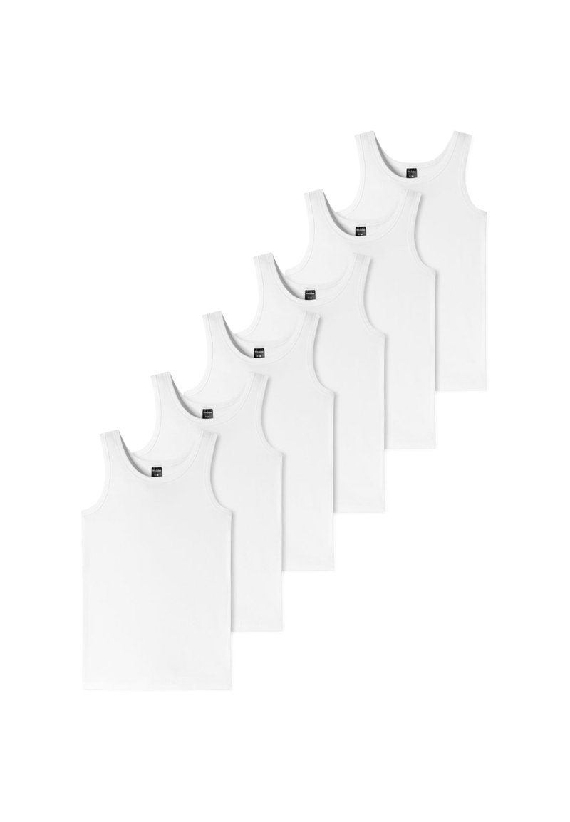 Pack de six débardeurs en coton blanc, avec des encolures rondes, des bretelles larges et sans motifs ni accents visibles.