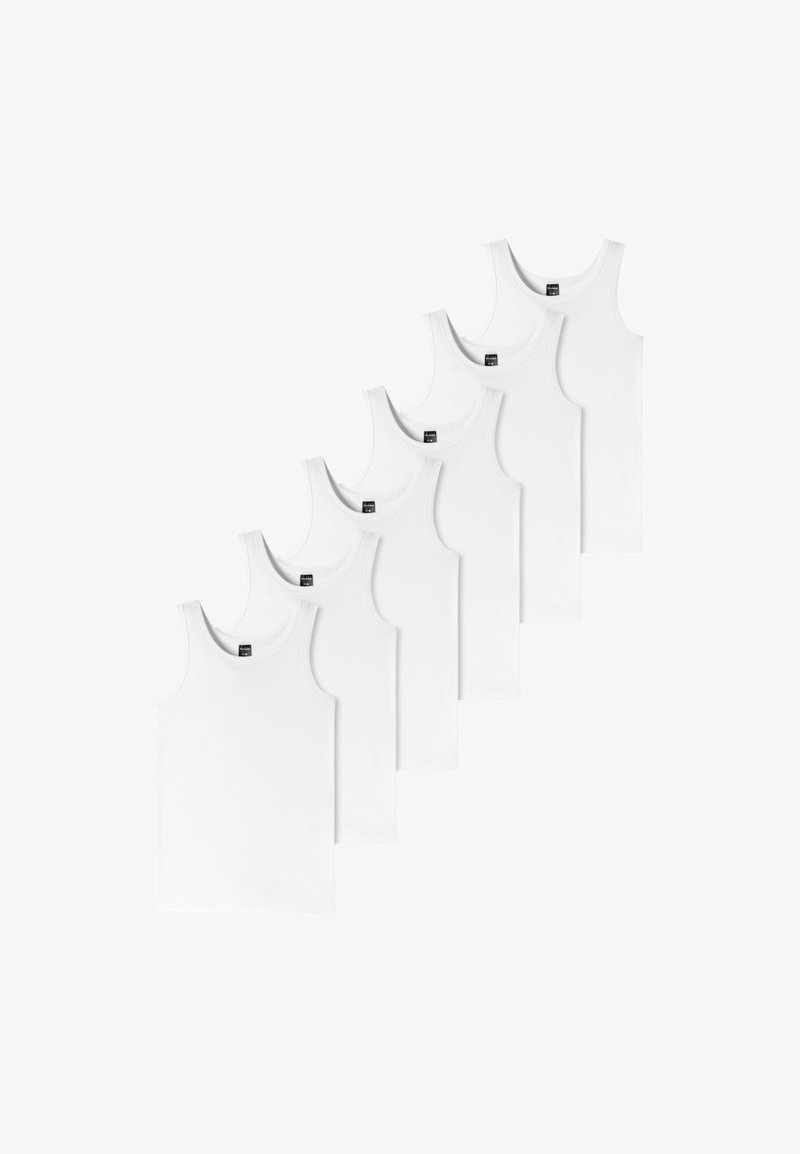 Pack de six débardeurs en coton blanc, avec des encolures rondes, des bretelles larges et sans motifs ni accents visibles.