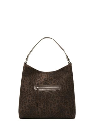 Sac à main marron foncé imprimé léopard avec une poignée supérieure unique et une poche avant zippée avec un tirette en cuir.