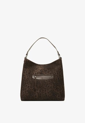 Sac à main marron foncé imprimé léopard avec une poignée supérieure unique et une poche avant zippée avec un tirette en cuir.