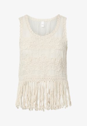 Haut crochet crème sans manches avec motifs floraux et longs franges le long de l'ourlet.