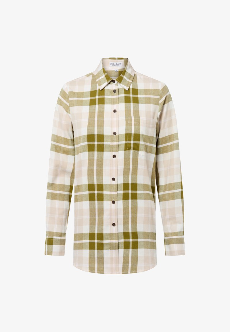 Camicia a maniche lunghe a quadri con colletto, nei colori verde, beige e bianco. Include bottoni marroni e una singola tasca sul petto. Tessuto in cotone.