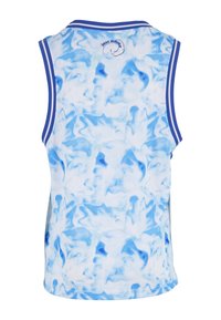 Ermeløs sportsdrakt med blått og hvitt skyaktig mønster og doble blå striper på armhullene og kanten av kragen.