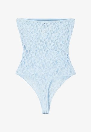 Lichtblauwe kanten bodysuit met een hoogtaille ontwerp, met een gestructureerd bloemmotief en een slipcut aan de onderkant.