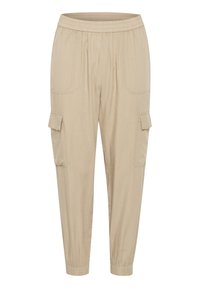 Béžové cargo kalhoty s elastickým pasem, dvěma bočními kapsami a dalšími cargo kapsami na stehnech. Mírně zúžený střih nohavic.