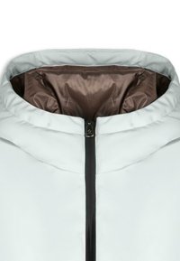 Chaqueta gris claro con capucha acolchada. El interior presenta un forro marrón liso. Cierre frontal con cremallera y herrajes negros.