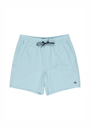 Světle modré plavkové šortky vyrobené z měkké tkaniny, s elastickým pasem a černou šňůrkou na stažení, a postranními kapsami. Malé logo na boku.
