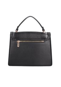 Sac à main en cuir noir au design structuré, avec un panneau texturé noir, des détails en zipper doré et une poignée supérieure.