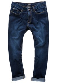 Vaqueros de mezclilla azul oscura con un diseño clásico de cinco bolsillos, con costuras naranjas y dobladillos enrollados. Textura suave y corte recto.