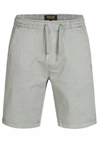 Shorts en coton gris clair avec une taille élastique, cordon de serrage ajustable et poches latérales. Présentent une coupe décontractée et des détails de couture minimaux.